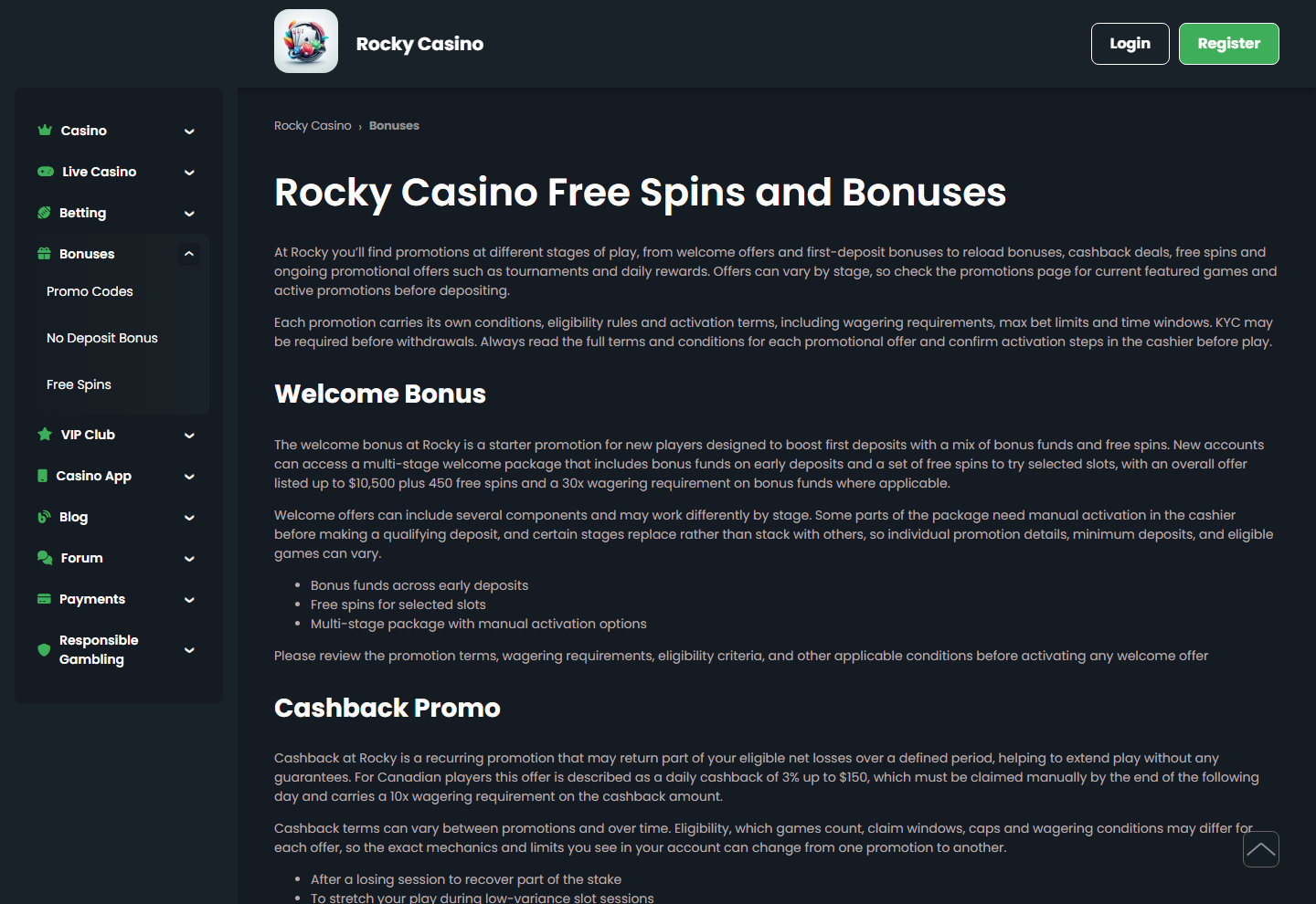 Rocky Casinos bonussida med den oppna undermenyn Promo Codes, No Deposit Bonus och Free Spins