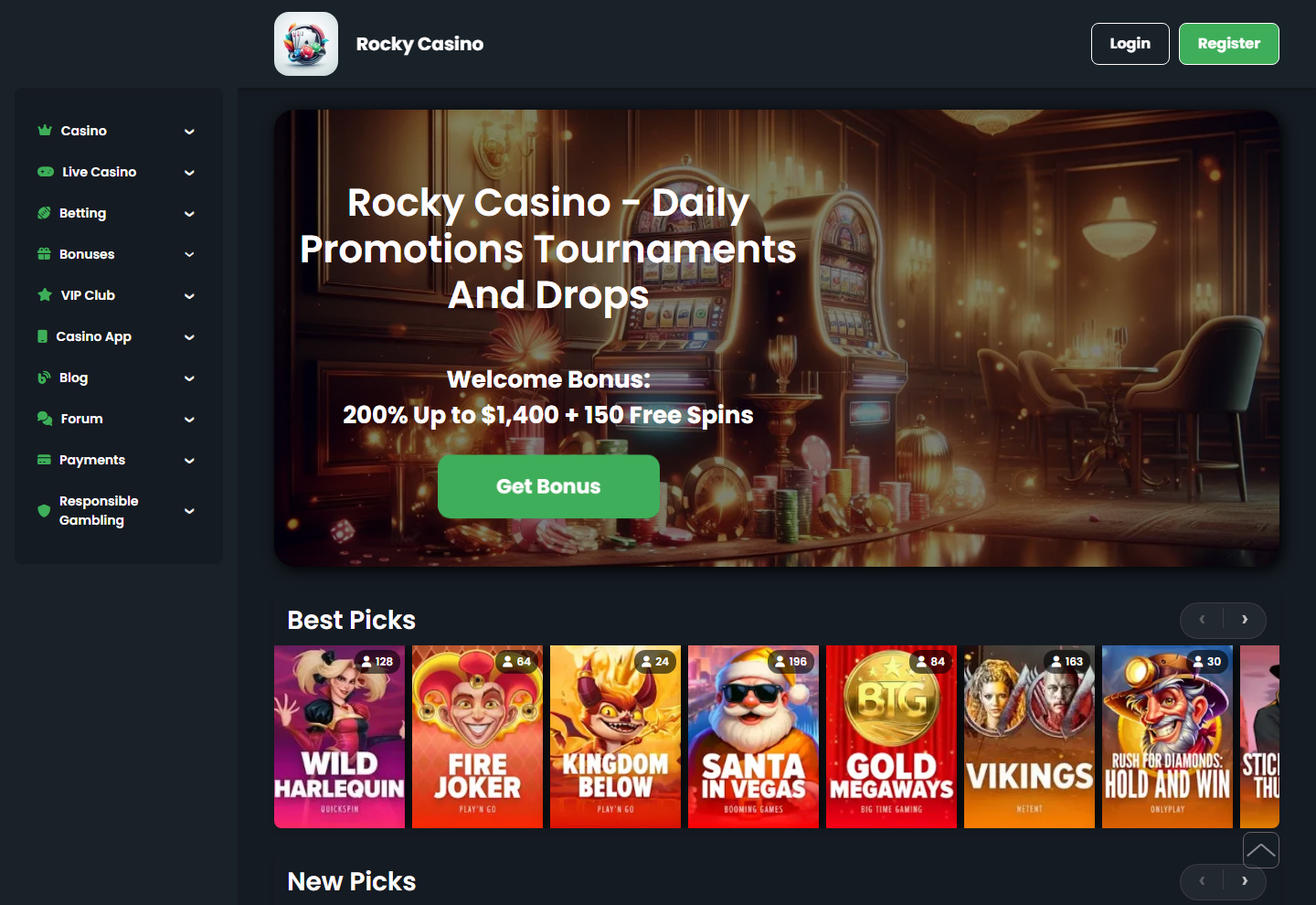 Rocky Casinos startsida 25 augusti 2026, med valkomstbonus-bannret och spellobbyn