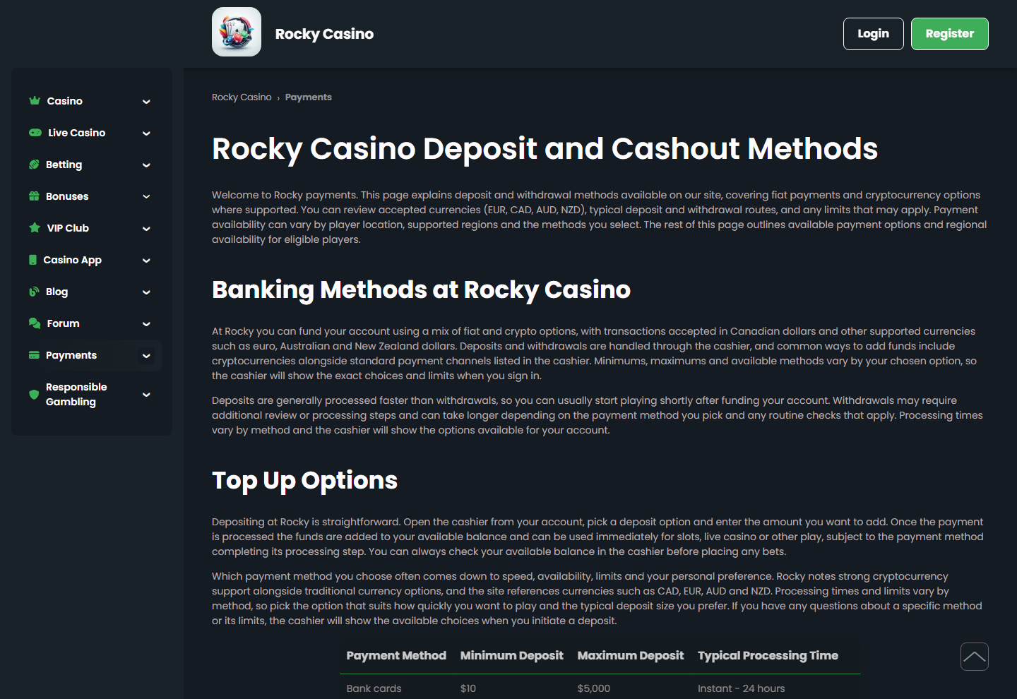 Rocky Casinos betalningssida med insattnings- och uttagsmetoder och deras granser